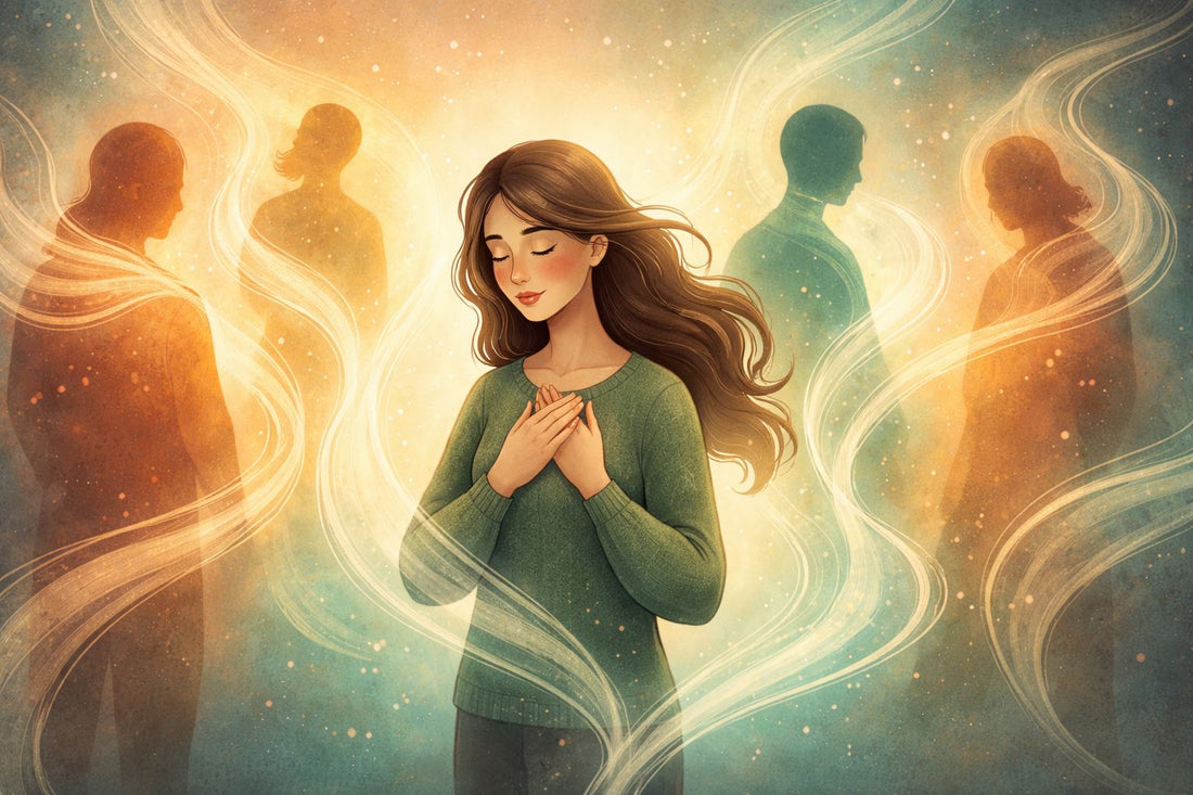 Illustrazione concettuale sul tema “perché assorbo le emozioni degli altri”: una donna al centro, con le mani sul petto, circondata da figure sfumate e flussi luminosi che rappresentano empatia, alta sensibilità e confini emotivi.