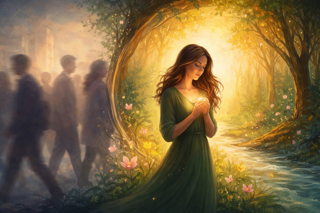 Illustrazione concettuale di una donna in un paesaggio simbolico tra caos e luce, immagine ispirata al tema delle persone altamente sensibili e della sensibilità emotiva.