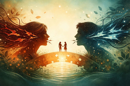 Illustrazione concettuale in stile Dixit di due figure che si fronteggiano e cercano connessione, simbolo del linguaggio paraverbale e del modo in cui comunichiamo nelle relazioni.