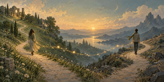 Due persone percorrono strade diverse, unite da un filo luminoso che simboleggia i ricordi e il legame di un'amicizia finita.