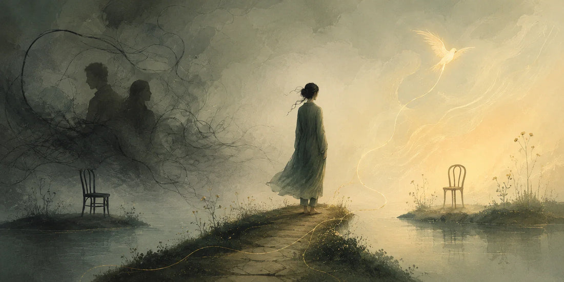 Donna sospesa tra ombre e luce, simbolo del dubbio tra ansia e intuizione nelle relazioni.