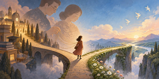 Illustrazione simbolica delle aspettative dei genitori: una persona adulta, legata da sottili fili alle figure materna e paterna, osserva una strada verso la propria libertà.