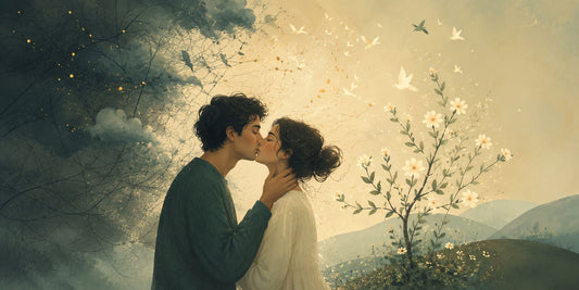 Immagine concettuale sul bacio e benessere nella coppia, con due figure vicine in un paesaggio poetico che richiama ascolto, relazione e presenza emotiva.