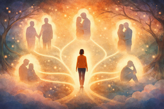 Illustrazione simbolica in stile onirico Dixit di una persona al centro di connessioni familiari luminose, che rappresenta i benefici delle costellazioni familiari e la consapevolezza nelle relazioni