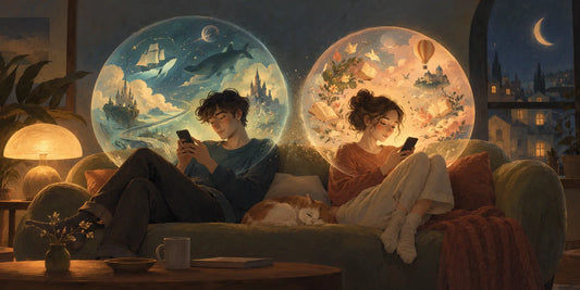 Illustrazione concettuale di una coppia sullo stesso divano ma immersa in due mondi separati dai telefoni, simbolo di distanza emotiva e mancanza di presenza nella relazione. Immagine per articolo di Beatrice Lencioni, Counselor Relazionale a Torino.