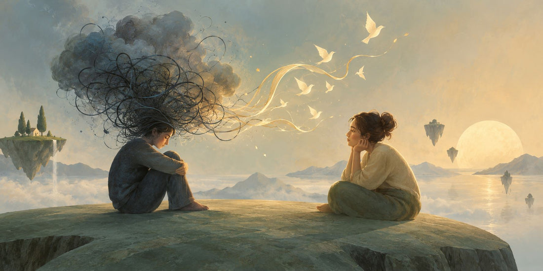 Due persone si ascoltano in un paesaggio simbolico, mentre un groviglio scuro si trasforma in luce: immagine sull’ascolto attivo e sul come ascoltare una persona senza giudicare.