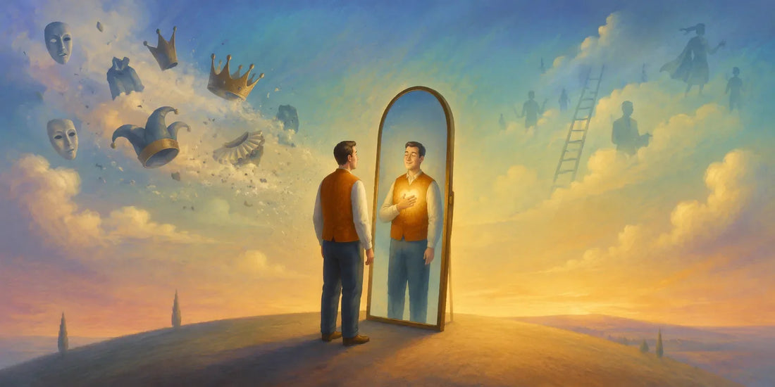 Persona davanti allo specchio che ritrova il proprio valore mentre maschere e aspettative esterne si allontanano, simbolo di come aumentare l'autostima senza cambiare chi si è.
