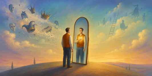 Persona davanti allo specchio che ritrova il proprio valore mentre maschere e aspettative esterne si allontanano, simbolo di come aumentare l'autostima senza cambiare chi si è.