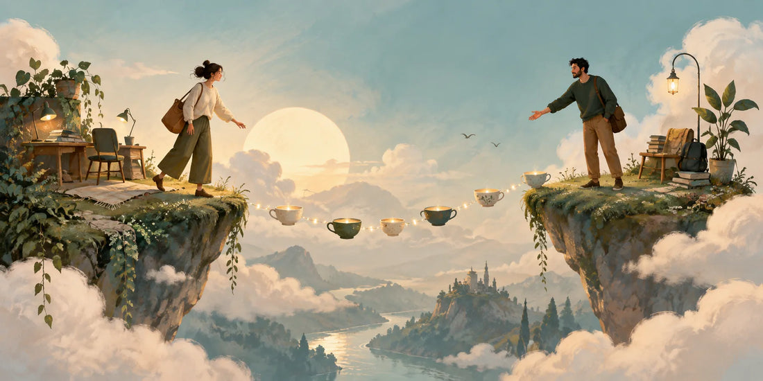Illustrazione concettuale in stile Dixit di due adulti su isole sospese tra le nuvole che si avvicinano attraverso un ponte di tazze luminose, simbolo del fare nuove amicizie da adulti.