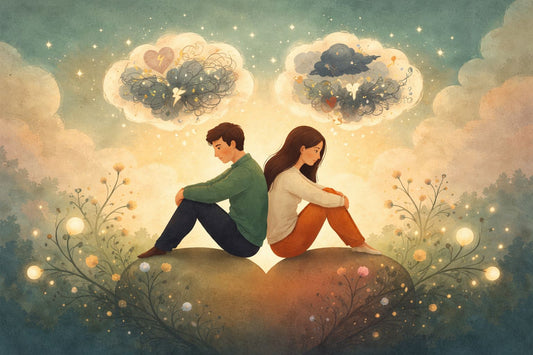 Illustrazione concettuale di una coppia seduta schiena contro schiena su un cuore spezzato, simbolo di comunicazione di coppia, litigi e conflitti relazionali a Torino.