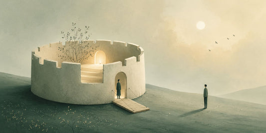 Illustrazione concettuale sui confini personali nelle relazioni, con una fortezza aperta e due figure distanti che rappresentano protezione, ascolto e paura di aprirsi agli altri.