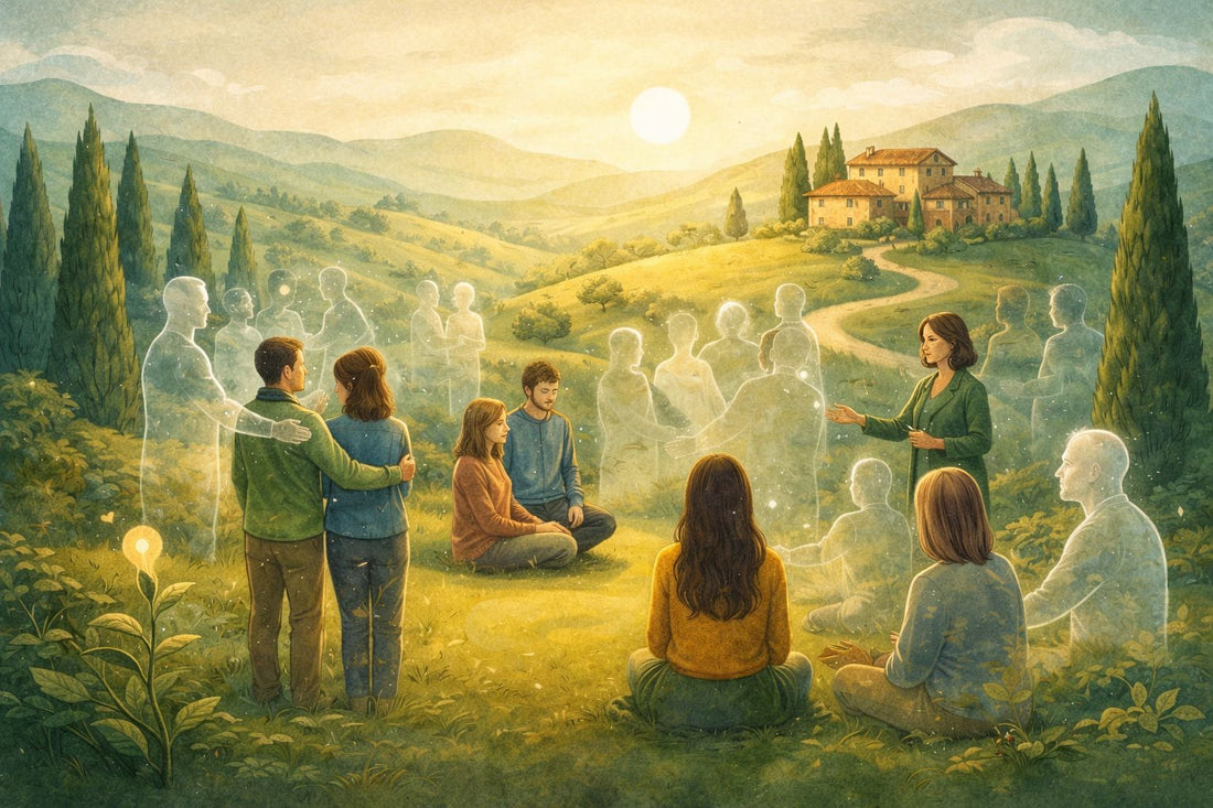 Illustrazione concettuale in stile Dixit con figure umane disposte in cerchio sotto un cielo simbolico, rappresentazione delle costellazioni familiari di gruppo vicino a me