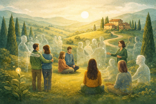 Illustrazione concettuale in stile Dixit con figure umane disposte in cerchio sotto un cielo simbolico, rappresentazione delle costellazioni familiari di gruppo vicino a me