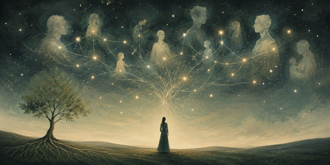 Rappresentazione simbolica delle costellazioni familiari come legami invisibili tra persone, radici e relazioni.