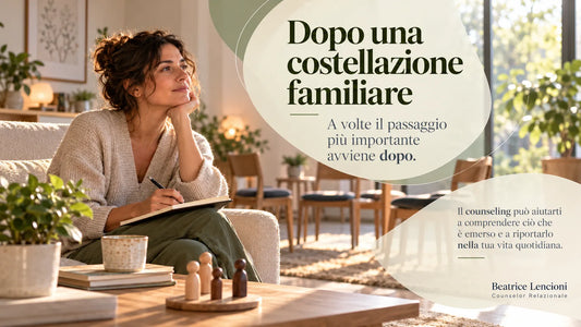 Donna seduta con un quaderno in un ambiente accogliente, con figure simboliche familiari in legno. Immagine sul counseling dopo una costellazione familiare.