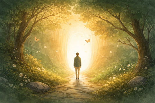 Illustrazione concettuale di una persona che cammina verso una luce in un bosco, simbolo del percorso di counselling e dell’ascolto interiore per ritrovare chiarezza e orientamen