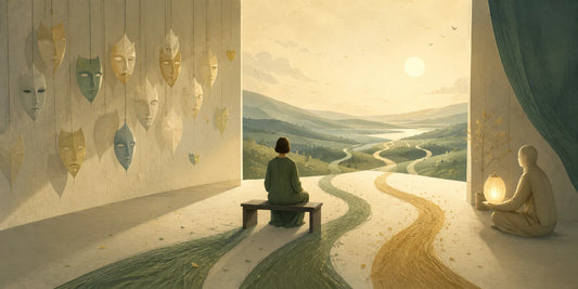 Illustrazione simbolica di una persona seduta davanti a tre sentieri luminosi, immagine dedicata al tema counselor cosa fa, ascolto relazionale e counseling a Torino.