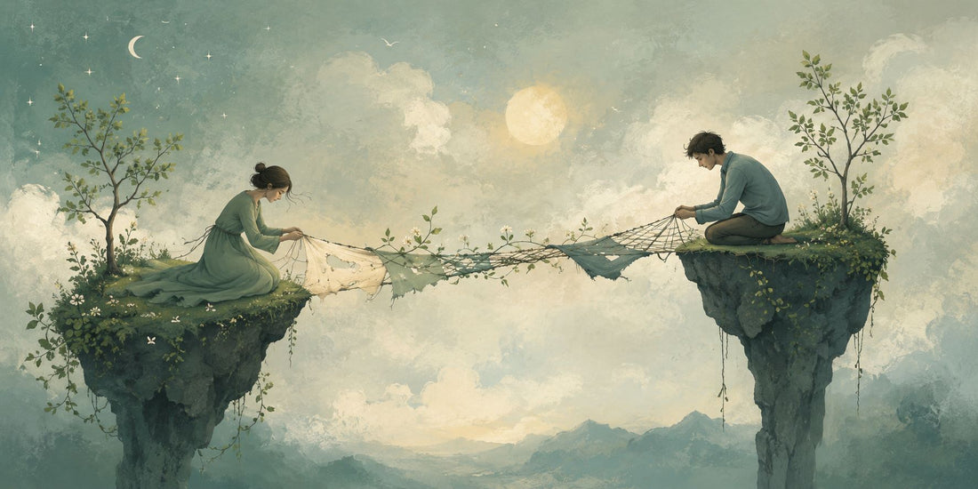 Illustrazione concettuale di una crisi di coppia: due persone ricuciono un ponte fragile tra due isole sospese, simbolo di ascolto, crescita nella relazione e counseling relazionale a Torino.