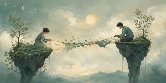 Illustrazione concettuale di una crisi di coppia: due persone ricuciono un ponte fragile tra due isole sospese, simbolo di ascolto, crescita nella relazione e counseling relazionale a Torino.