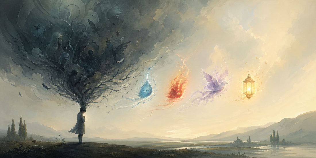Illustrazione concettuale di una persona che osserva le proprie emozioni trasformarsi in simboli luminosi, per rappresentare il dare un nome alle emozioni nel counseling relazionale a Torino.