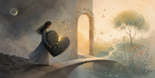 Illustrazione simbolica sul dolore e crescita personale: una figura attraversa una soglia luminosa portando un cuore spezzato da cui nasce nuova vita.