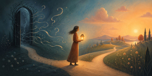 Illustrazione concettuale di una persona che sceglie un sentiero luminoso mentre alle spalle resta una porta oscura, simbolo del ritorno del narcisista e della scelta di proteggere i propri confini relazionali.