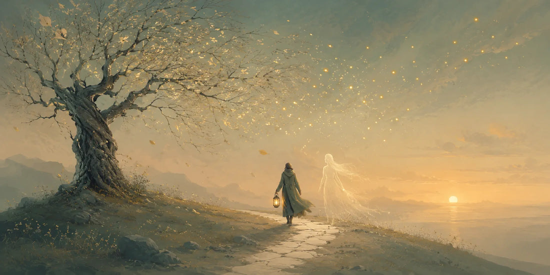 Illustrazione poetica sull’elaborare il lutto: una figura cammina al tramonto con una lanterna, accompagnata da una presenza luminosa, simbolo di perdita, memoria e rinascita interiore.