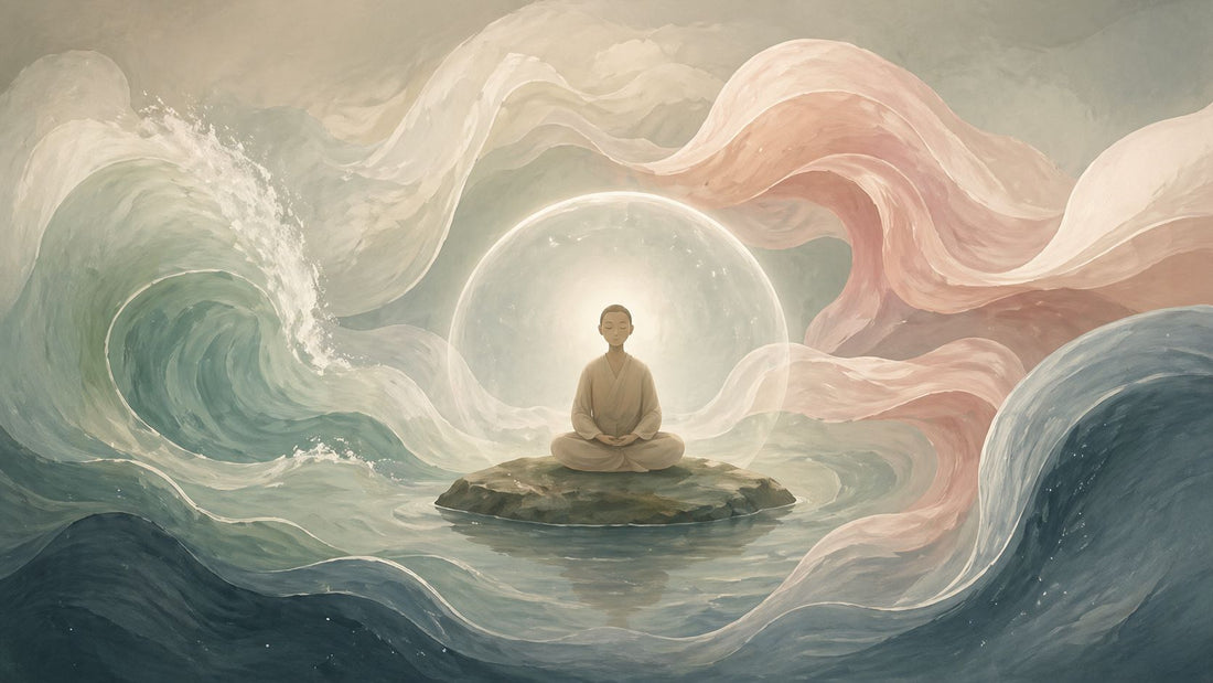 Immagine concettuale sulle emozioni represse: una figura calma al centro di onde emotive, simbolo del sentire senza perdersi nel percorso di counseling a Torino.