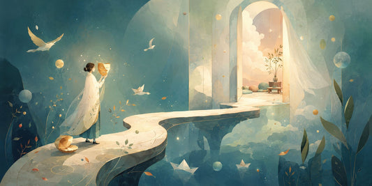 Illustrazione poetica di una persona che lascia una maschera dorata e cammina verso una porta luminosa, simbolo di ascolto interiore, felicità autentica e percorso di counseling relazionale a Torino.
