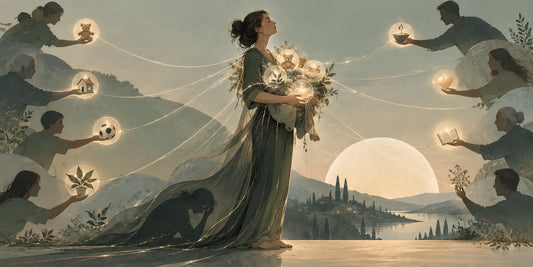 Illustrazione simbolica di una donna che sostiene i bisogni di tutta la famiglia attraverso fili luminosi, mentre la sua ombra rivela la stanchezza nascosta di chi è sempre forte per gli altri.