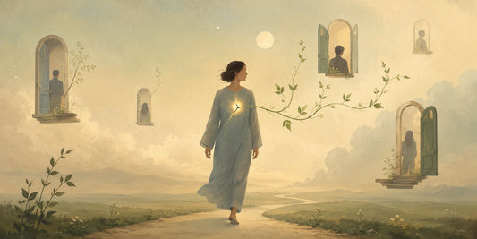 Illustrazione simbolica di una persona che riconosce le proprie ferite emotive nelle relazioni, con una luce sul cuore e una pianta che cresce come segno di consapevolezza e rinascita.
