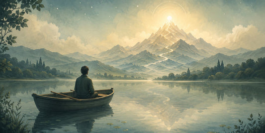 Illustrazione poetica di una barca ferma su acque calme davanti a montagne luminose, simbolo del fermarsi per ritrovare il senso della vita e una nuova prospettiva interiore.