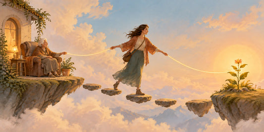 Illustrazione simbolica di una figlia adulta che attraversa un ponte sospeso tra un genitore anziano e un fiore luminoso, uniti da un filo dorato che rappresenta l'equilibrio tra cura familiare e spazio per sé.