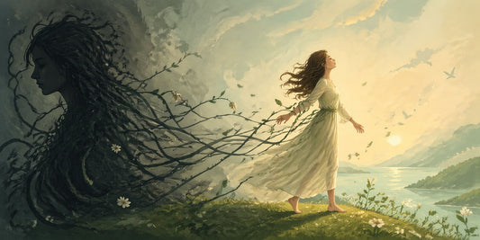 Illustrazione simbolica in stile Dixit di una donna che si libera da una relazione tossica e ritrova luce, equilibrio e libertà interiore, counseling relazionale a Torino.