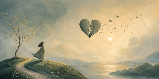 Illustrazione onirica di una donna davanti a un cuore spezzato nel cielo, simbolo della delusione in amore e del ritorno a sé con il supporto di una counselor relazionale a Torino.