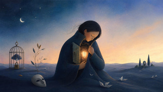 Illustrazione concettuale di una persona che custodisce una luce fragile nel petto, simbolo del nascondere il dolore e della difficoltà a chiedere aiuto, per un articolo di Beatrice Lencioni Counselor Relazionale a Torino.