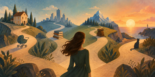 Illustrazione simbolica di una donna davanti a diversi sentieri di vita, tra cui quello della genitorialità, a rappresentare la libertà di non volere figli e di scegliere il proprio futuro oltre le aspettative familiari.