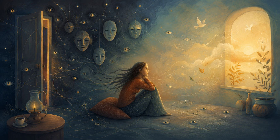 Illustrazione simbolica di una persona sensibile in una stanza tra ombre, occhi e luce, per raccontare l’allerta emotiva nelle relazioni e il counseling relazionale a Torino.