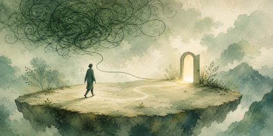 Persona che lascia un groviglio di pensieri e segue un sentiero luminoso, simbolo di come superare l’overthinking