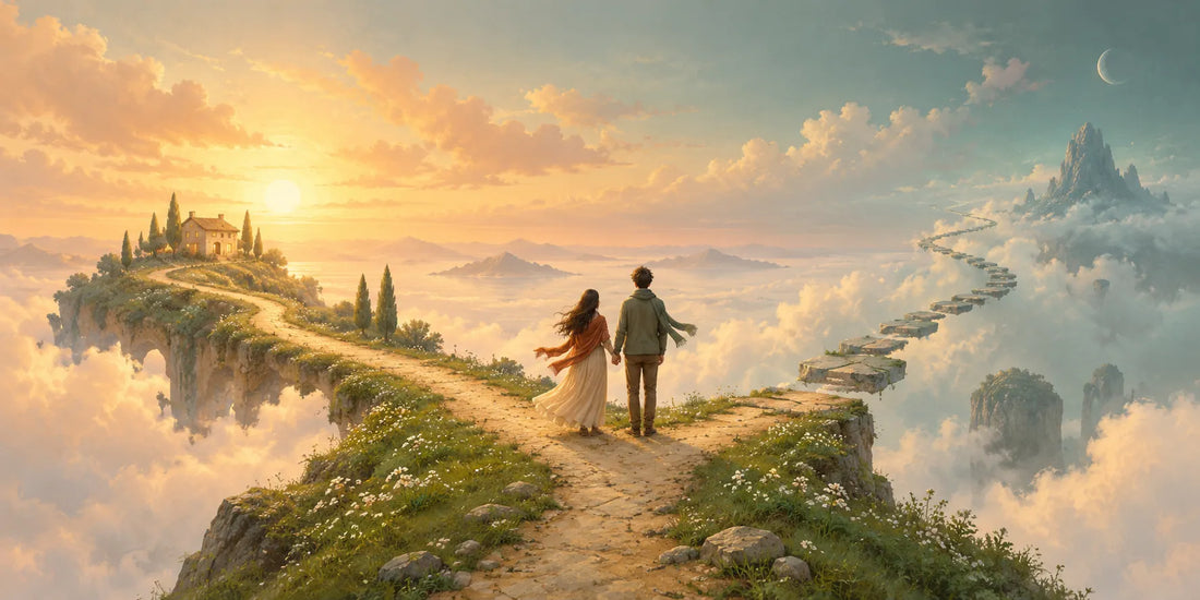Due persone si tengono per mano davanti a due sentieri che si separano tra le nuvole, simbolo di progetti per il futuro e desideri diversi nella coppia.