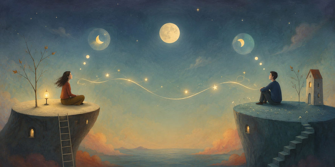 Due persone sedute su isole sospese sotto un cielo stellato, unite da una luce sottile che rappresenta la connessione emotiva e la sincronicità tra due persone che si pensano nello stesso momento.