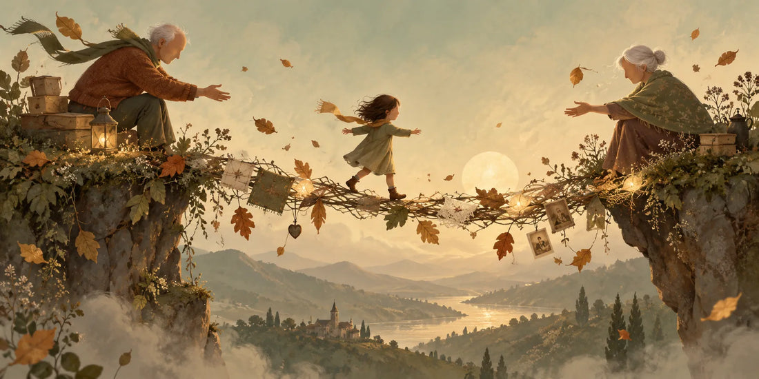 Illustrazione poetica e concettuale di una bambina che attraversa un ponte tra due nonni, simbolo del rapporto tra nonni e nipoti e del legame tra generazioni. Immagine per articolo di Beatrice Lencioni, Counselor Relazionale a Torino.