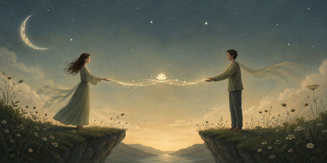 Illustrazione simbolica di una coppia che mantiene un legame luminoso a distanza, metafora di comunicazione, rispetto e relazione sana.