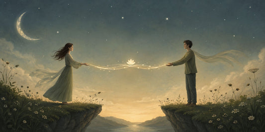 Illustrazione simbolica di una coppia che mantiene un legame luminoso a distanza, metafora di comunicazione, rispetto e relazione sana.