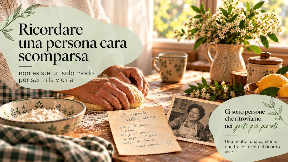 Mani che preparano un impasto accanto a una vecchia fotografia e alla ricetta della nonna, simbolo dei piccoli gesti con cui ricordare una persona cara scomparsa.
