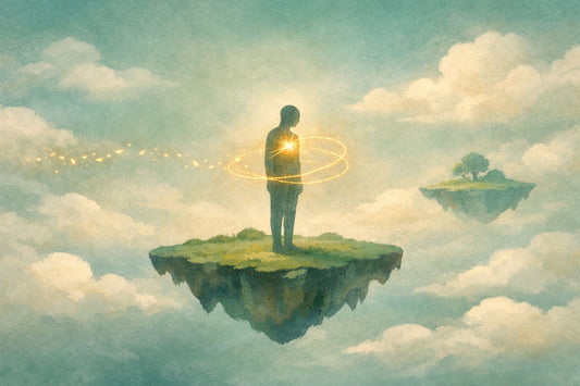 Illustrazione concettuale sulla paura di essere lasciati: una figura ritrova se stessa in amore su un’isola sospesa nel cielo.