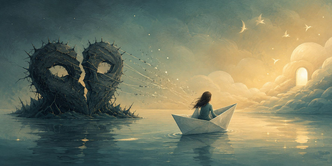 Illustrazione simbolica di una persona che si allontana in una barca di carta da un’isola scura e spinosa, metafora dei segnali di vendetta di un narcisista dopo la rottura e del percorso di counseling relazionale a Torino per ritrovare confini e libertà.
