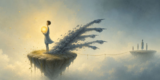 Illustrazione sul self serving bias nelle relazioni: una persona trattiene la luce mentre la sua ombra indica gli altri, simbolo della tendenza ad attribuire fuori da sé colpe e responsabilità.