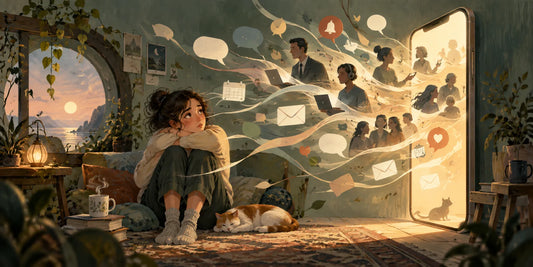 Illustrazione simbolica di una donna seduta nella propria stanza mentre messaggi, notifiche e figure umane emergono da un grande smartphone, rappresentando la fatica di essere sempre connessi e raggiungibili.