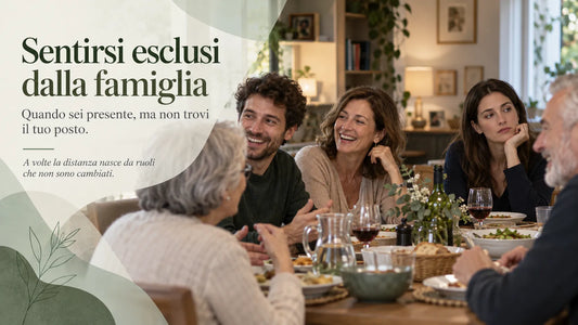 Una donna si sente esclusa dalla famiglia durante un pranzo: resta pensierosa mentre gli altri familiari conversano e sorridono.